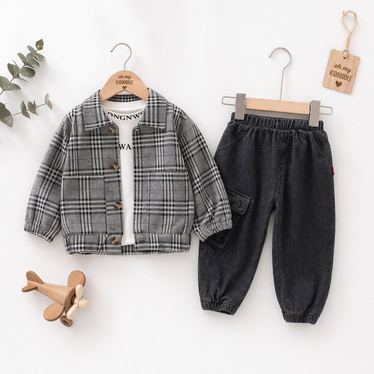 Ensemble 2 pièces Garçon Carreaux Manches Longues T-shirt & Pantalon Grey