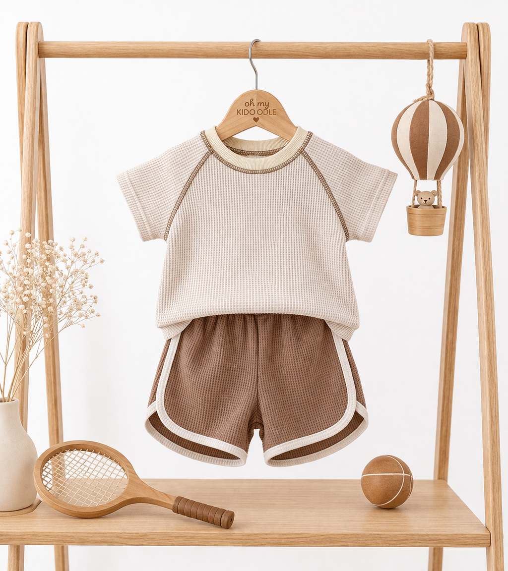 Ensemble 2 Pièces Bébé Haut Manches Courtes + Pantalon 100% Coton Mixte Beige & Kaki Light Beige