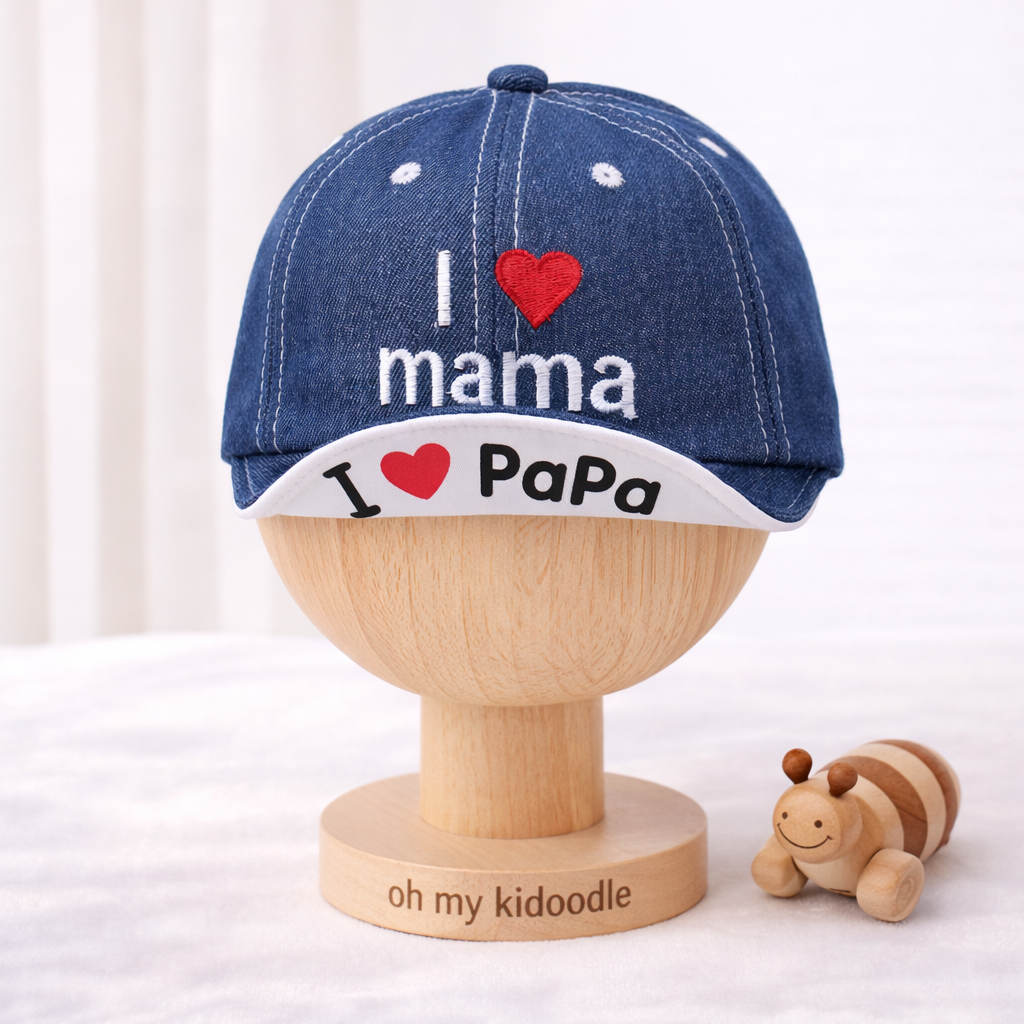 Chapeau de Soleil Bébé Coton Brodé Motif Cœur Blue 46cm