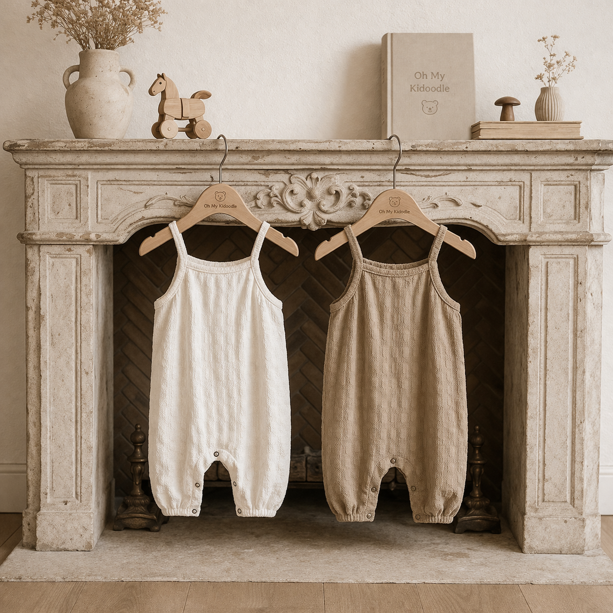 Barboteuse Bretelles Bébé Sans Manches 100% Coton Abricot & Kaki Khaki