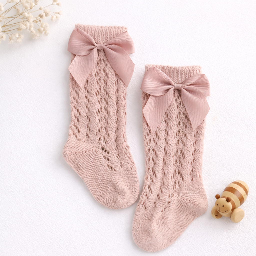 Chaussettes Hautes Enfant Coton Nœud et Antidérapantes Pink