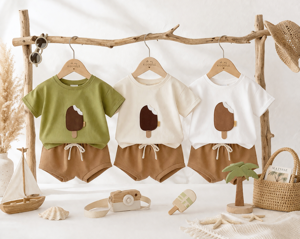 Ensemble 2 Pièces Bébé Motif Glace T-shirt + Short Coton Mixte Abricot, Olive & Blanc