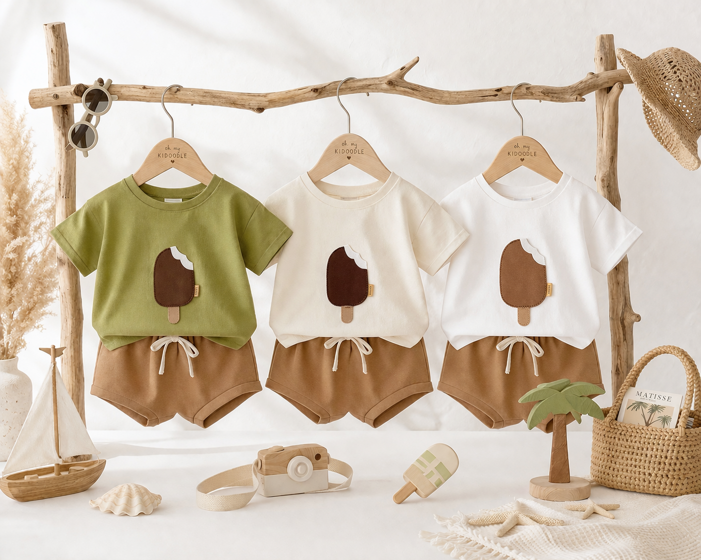 Ensemble 2 Pièces Bébé Motif Glace T-shirt + Short Coton Mixte Abricot, Olive & Blanc