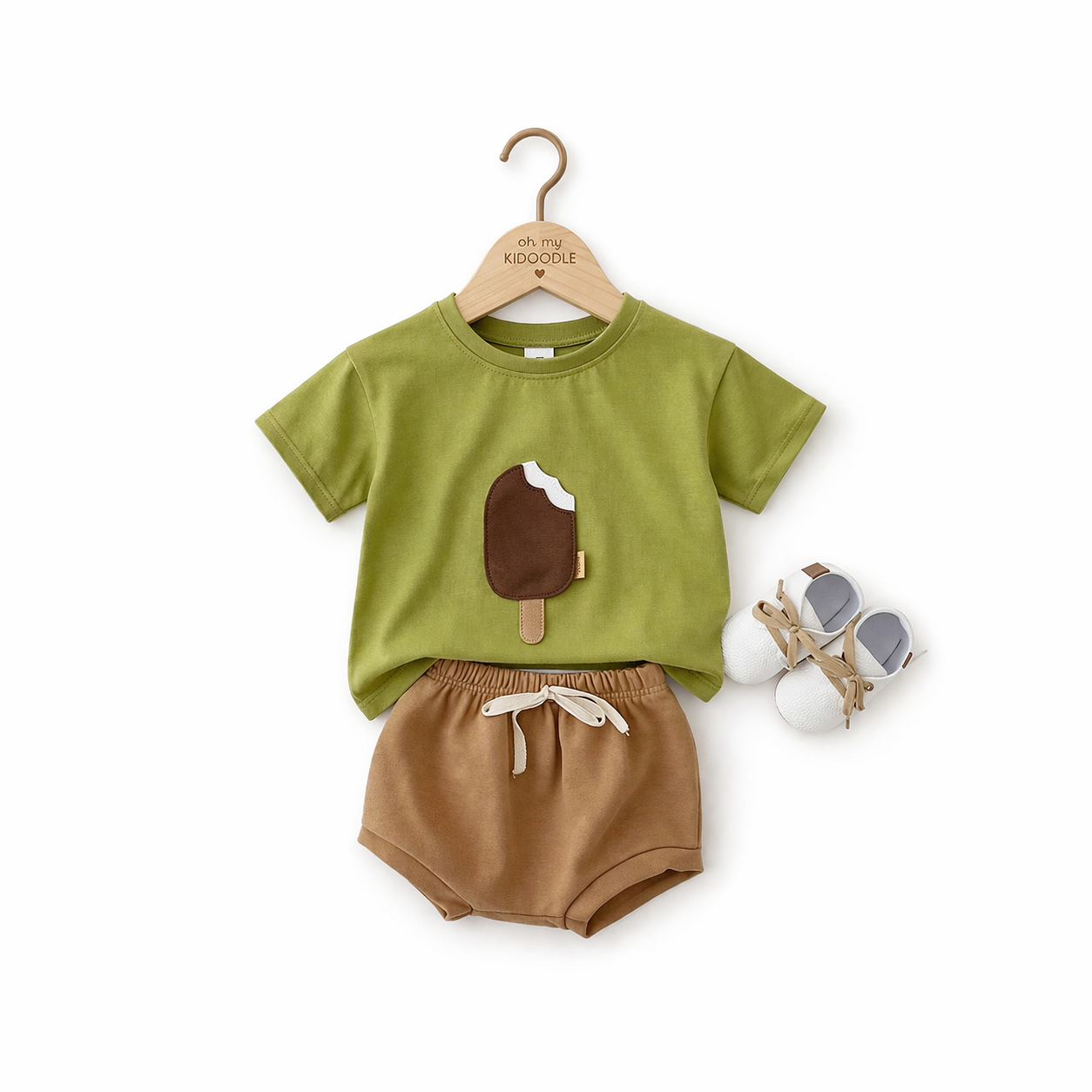 Ensemble 2 Pièces Bébé Motif Glace T-shirt + Short Coton Mixte Abricot, Olive & Blanc Vert Olive