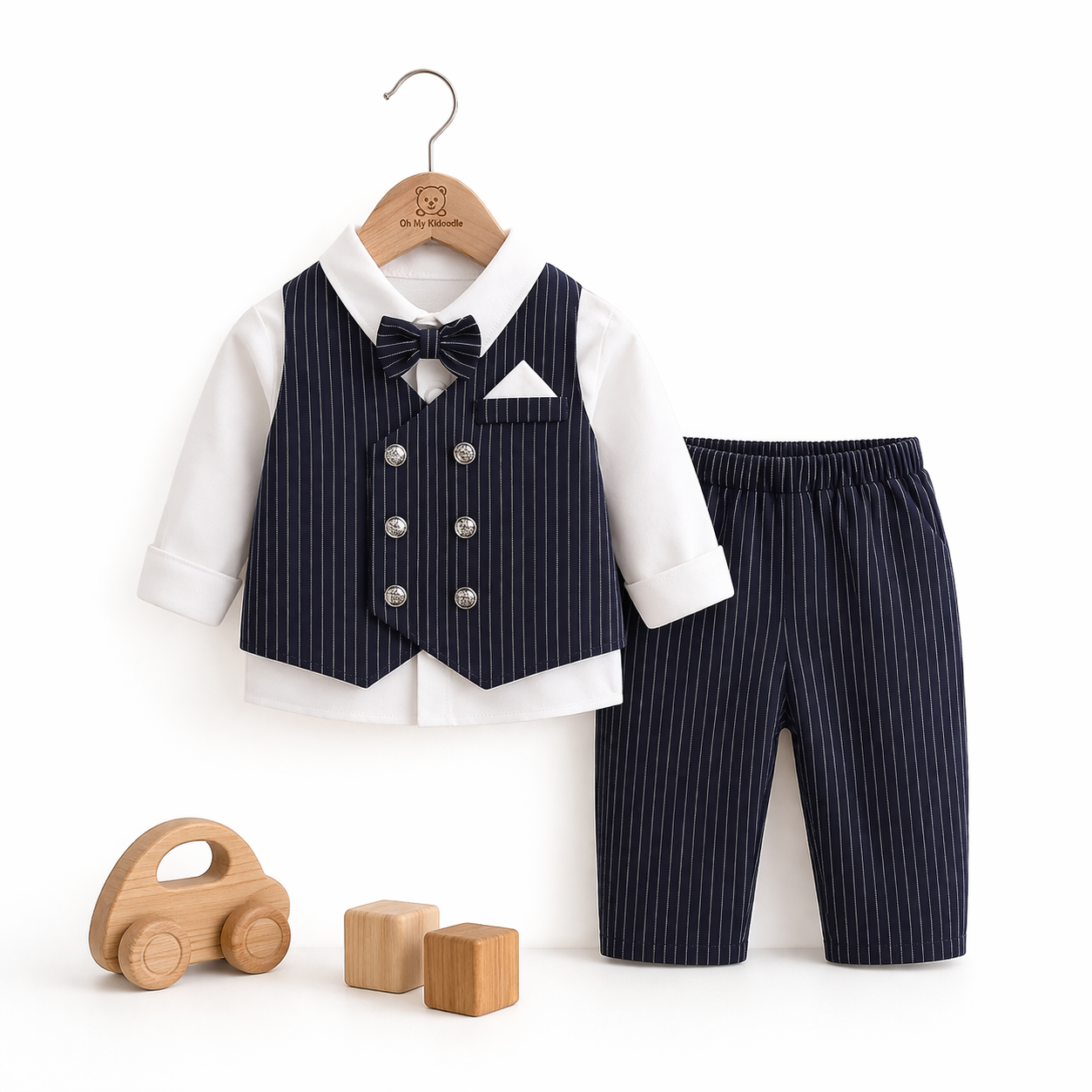 Ensemble 3 Pièces Bébé Garçon Gilet + Chemise + Pantalon Gris & Bleu Marine Navy Blue