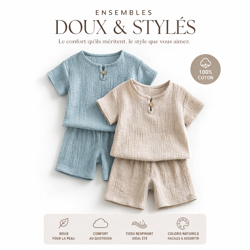 Ensemble 2 Pièces Enfant Veste + Pantalon Coton Effet Plissé 5 Coloris