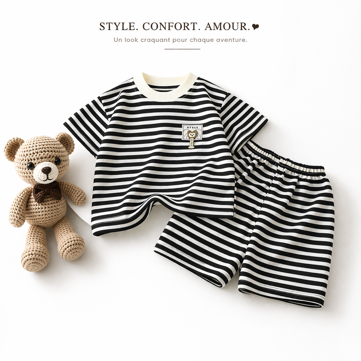 Ensemble 2 Pièces Garçon T-shirt + Short Rayé Noir & Blanc 80 à 130 cm
