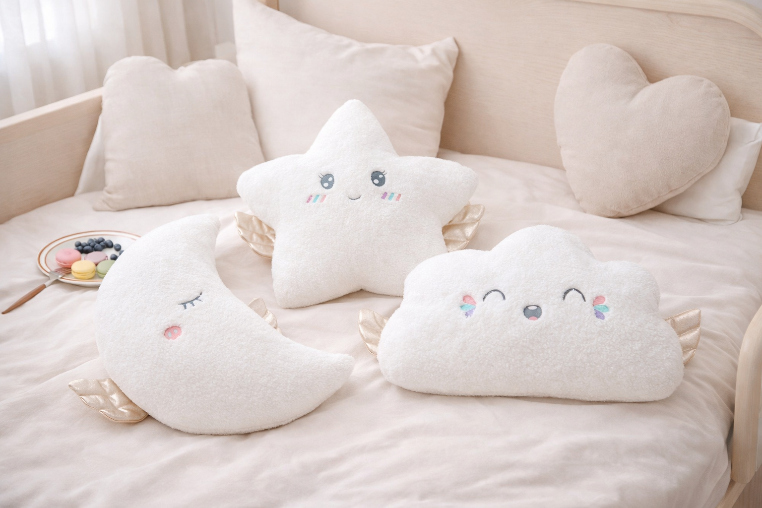 Coussin Peluche Nuage, Lune ou Étoile en Laine d'Agneau