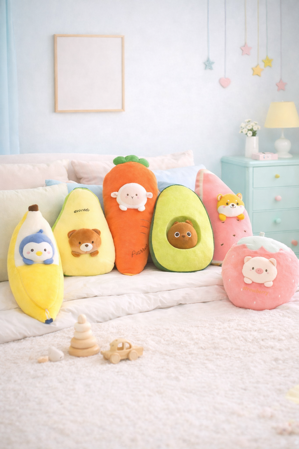 Coussin Peluche Fruit Doux - Avocat, Banane ou Fraise