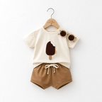 Ensemble 2 Pièces Bébé Motif Glace T-shirt + Short Coton Mixte Abricot, Olive & Blanc Abricot