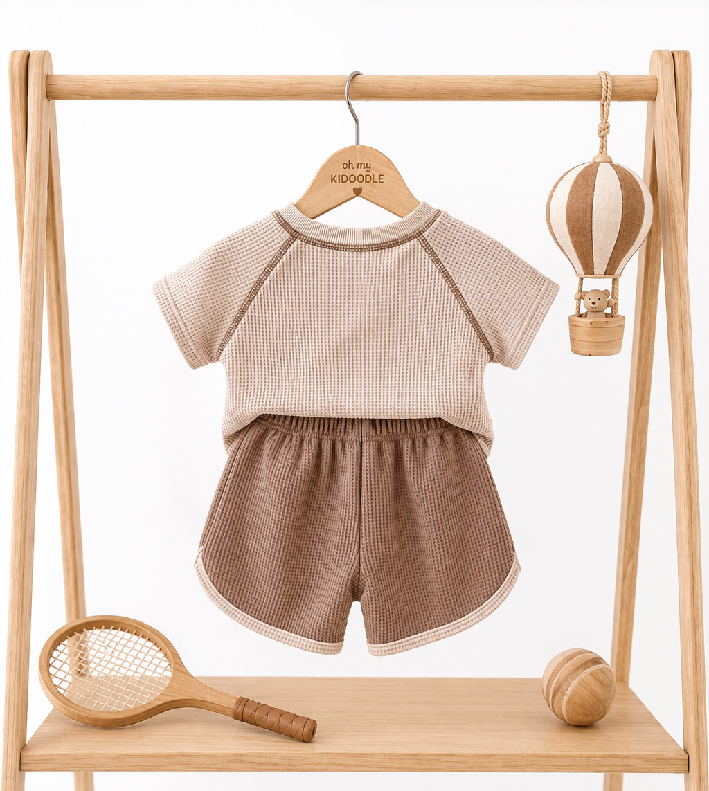 Ensemble 2 Pièces Bébé Haut Manches Courtes + Pantalon 100% Coton Mixte Beige & Kaki