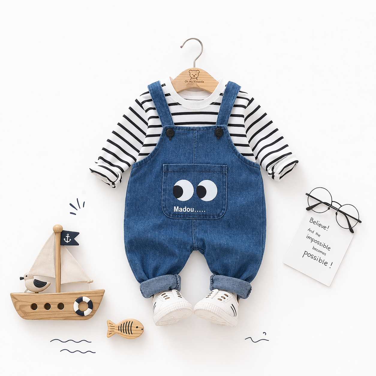 Ensemble 2 Pièces Enfant Haut Manches Longues + Pantalon Rayé Coton Noir & Blanc Black