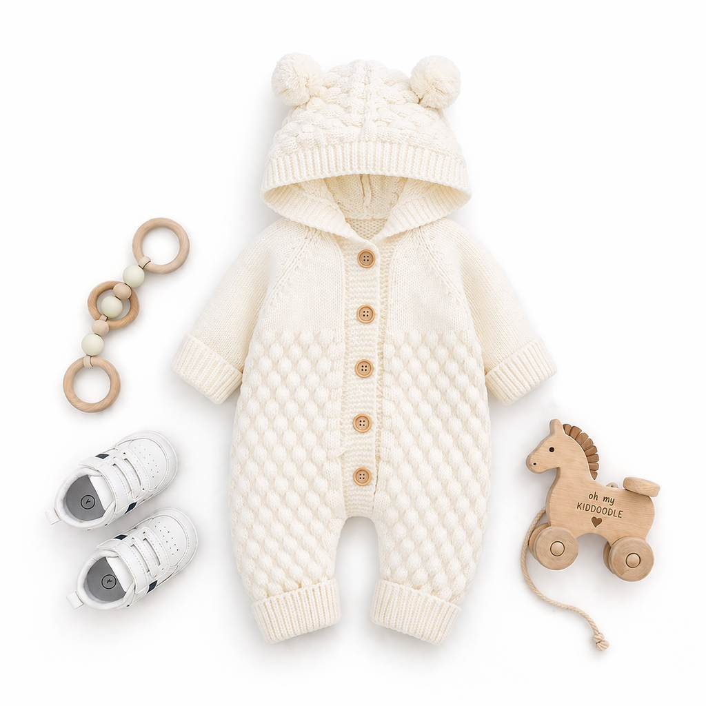 Combinaison Tricotée À Capuche Bébé White