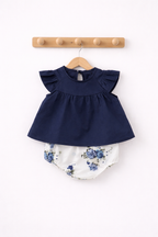 Ensemble Jupe Plissée + Short Floral Bébé Fille - 100% Coton Bleu