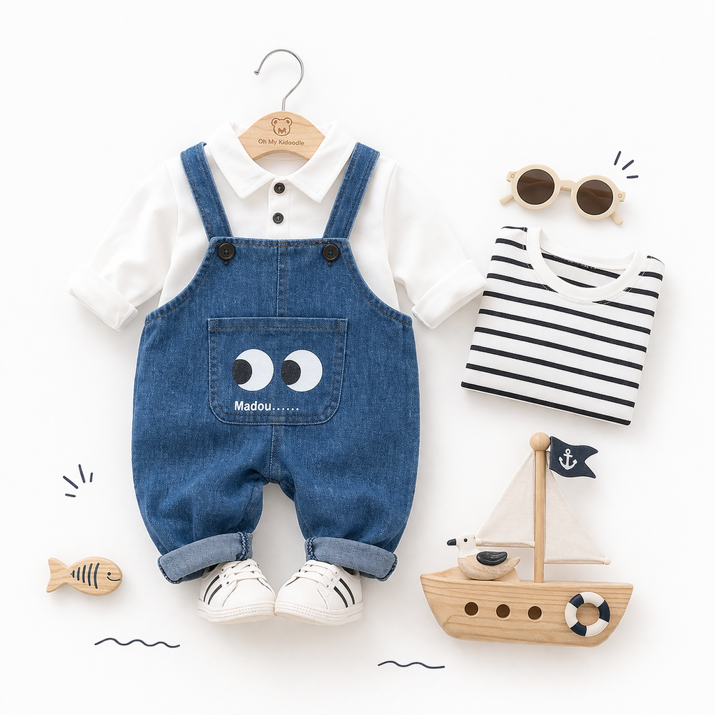 Ensemble 2 Pièces Enfant Haut Manches Longues + Pantalon Rayé Coton Noir & Blanc White