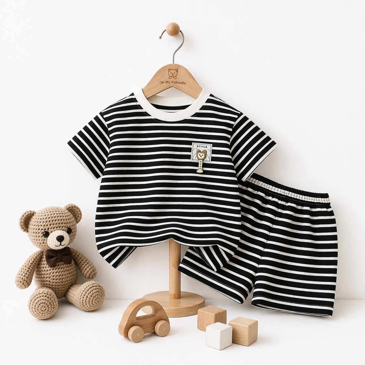 Ensemble 2 Pièces Garçon T-shirt + Short Rayé Noir & Blanc 80 à 130 cm