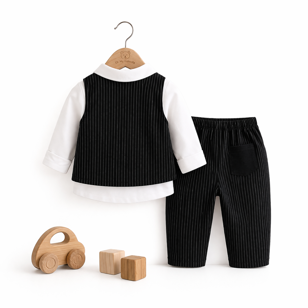 Ensemble 3 Pièces Bébé Garçon Gilet + Chemise + Pantalon Gris & Bleu Marine