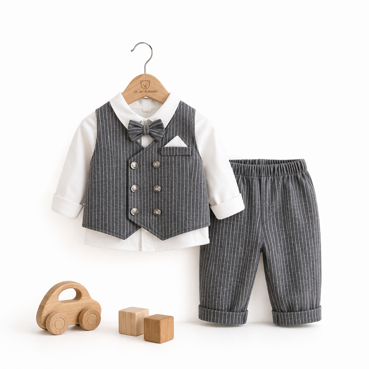 Ensemble 3 Pièces Bébé Garçon Gilet + Chemise + Pantalon Gris & Bleu Marine Grey