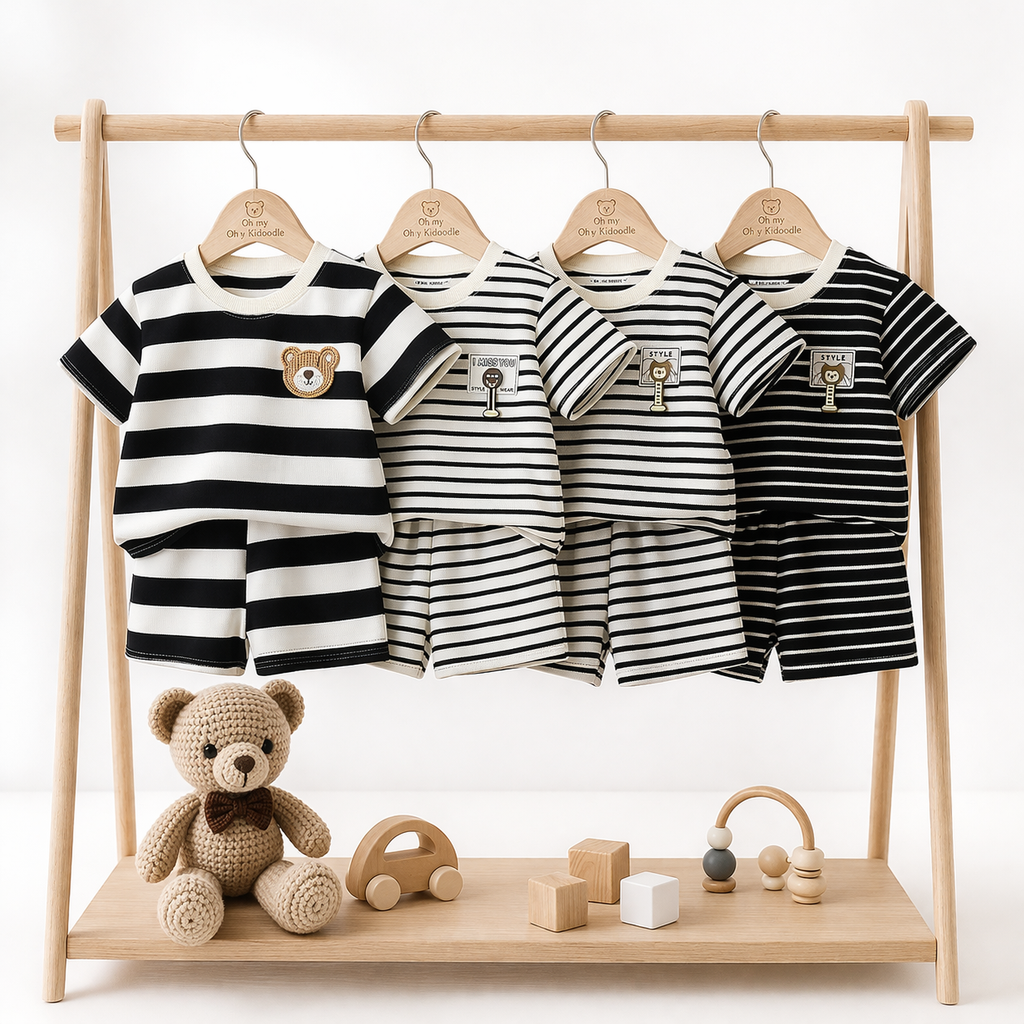 Ensemble 2 Pièces Garçon T-shirt + Short Rayé Noir & Blanc 80 à 130 cm