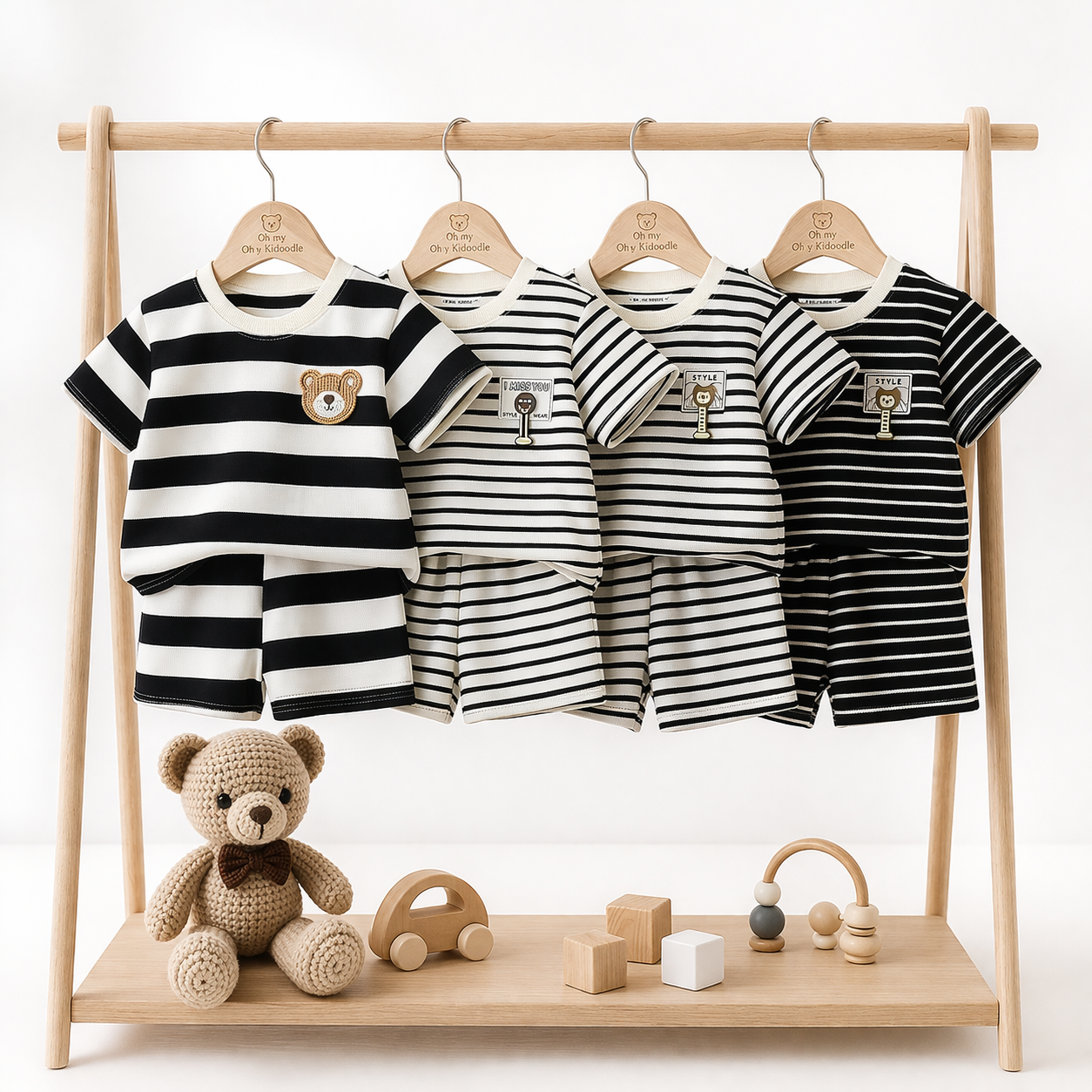 Ensemble 2 Pièces Garçon T-shirt + Short Rayé Noir & Blanc 80 à 130 cm