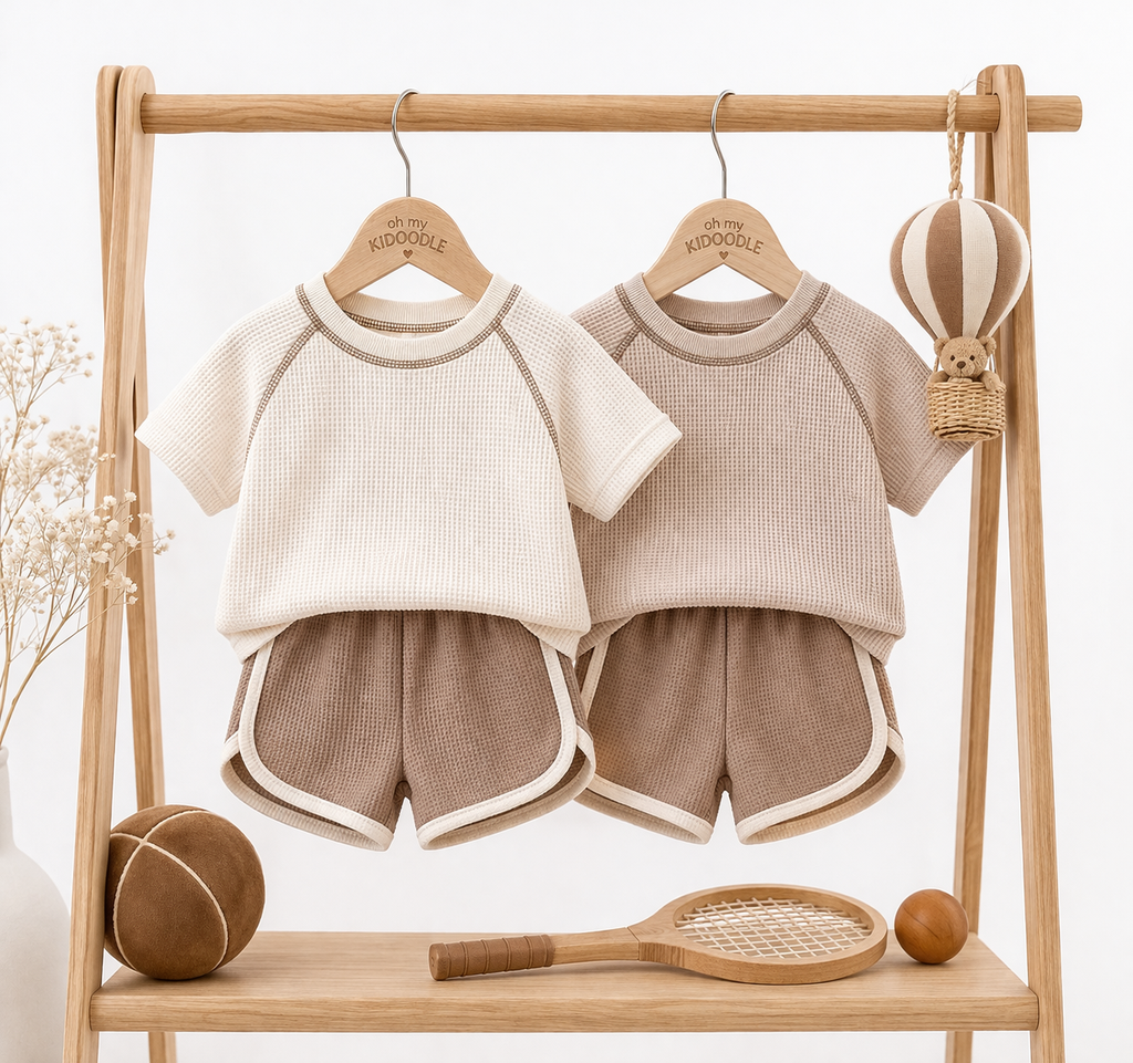 Ensemble 2 Pièces Bébé Haut Manches Courtes + Pantalon 100% Coton Mixte Beige & Kaki