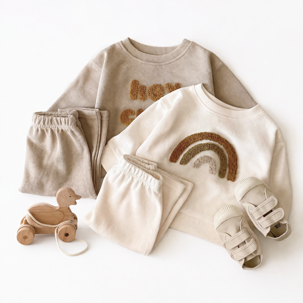 Ensemble 2 Pièces Bébé Blouse + Pantalon Coton Manches Longues Mixte Beige & Camel
