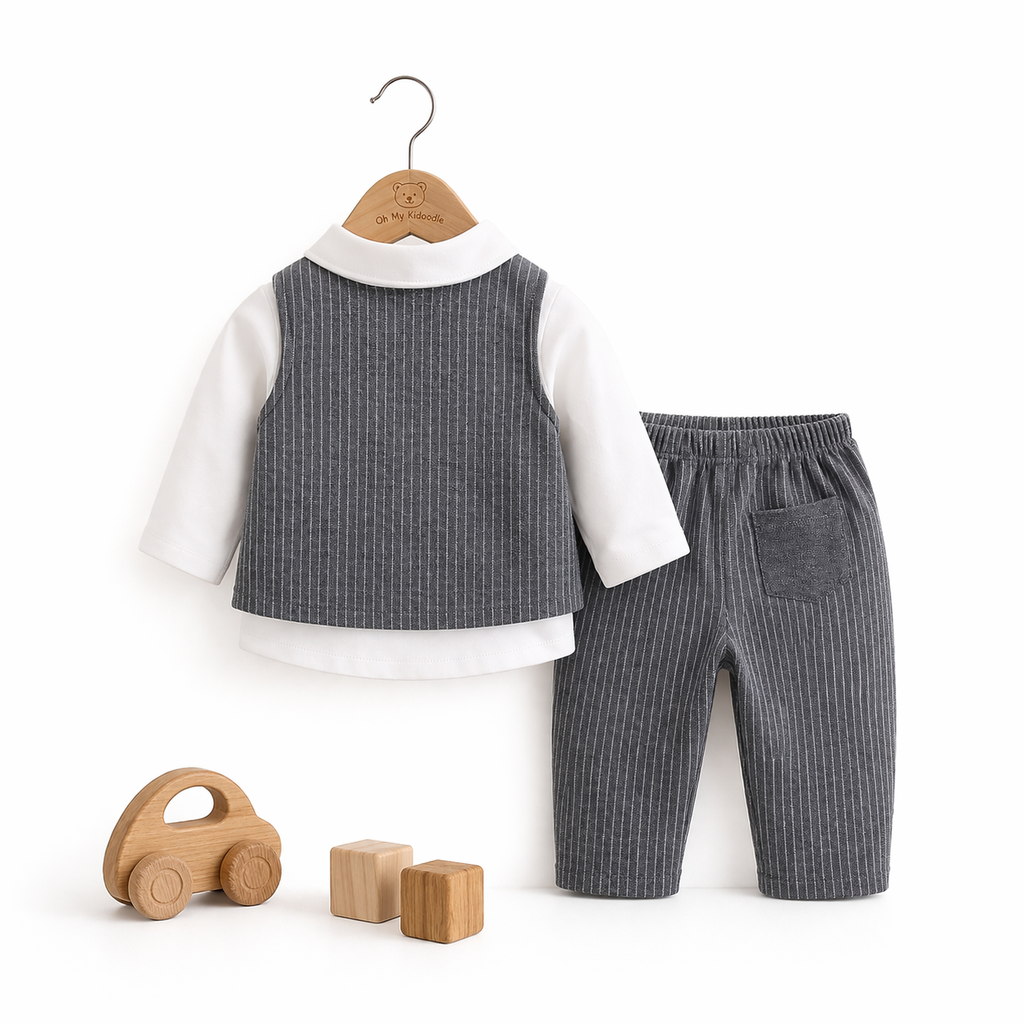 Ensemble 3 Pièces Bébé Garçon Gilet + Chemise + Pantalon Gris & Bleu Marine