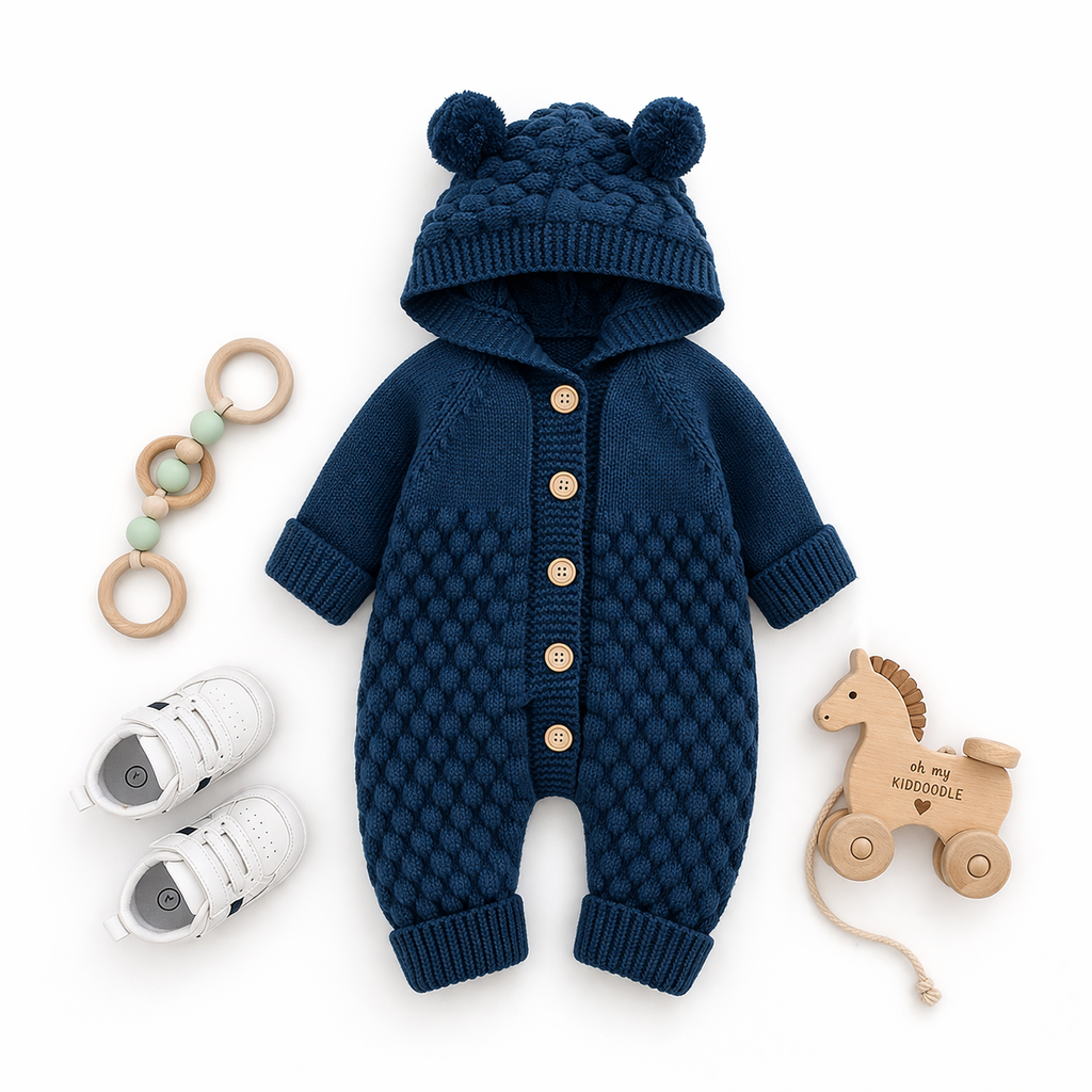 Combinaison Tricotée À Capuche Bébé Blue